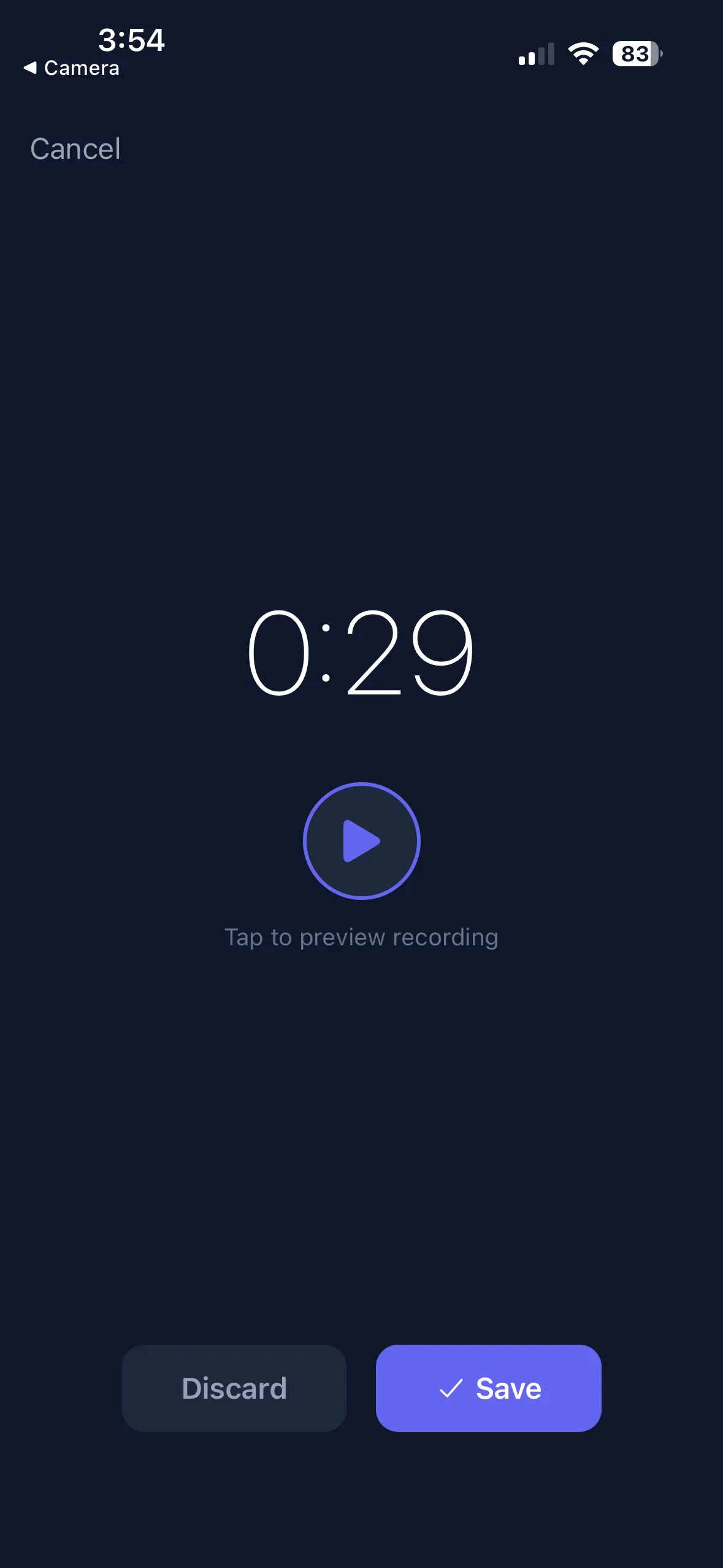 Candovo Record screen immediately after recording — 29-second clip, tap to preview, Discard or Save
